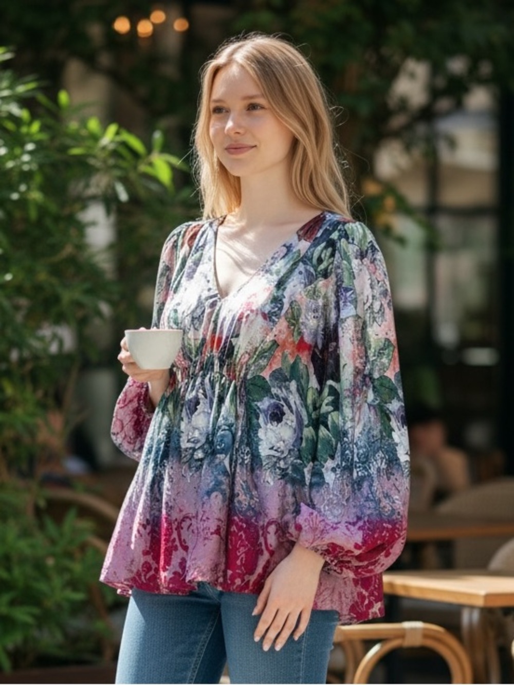 Sundance Multicolor Women’s Floral Silk V-Neck Peasant Tunic - L